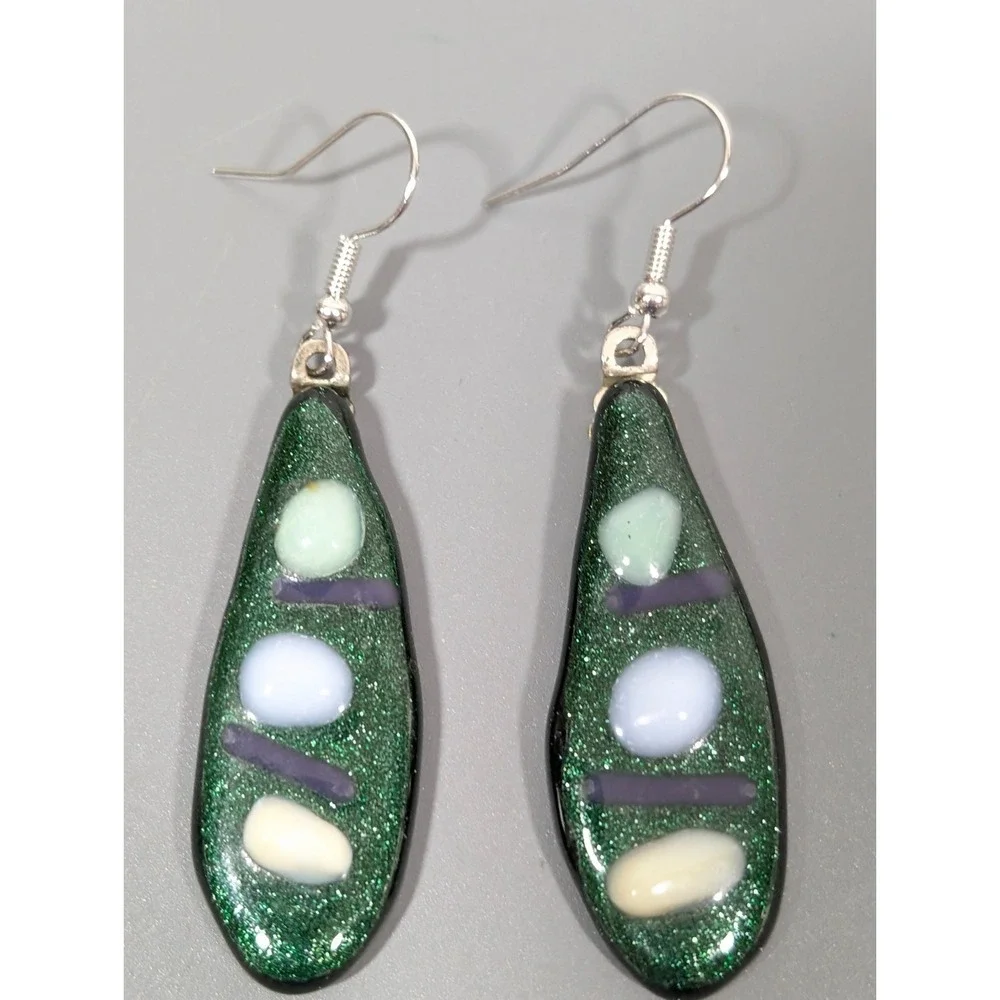 Handmade Fused Glass Green‎ Blue Teardrop Dangle Earrings Artisan